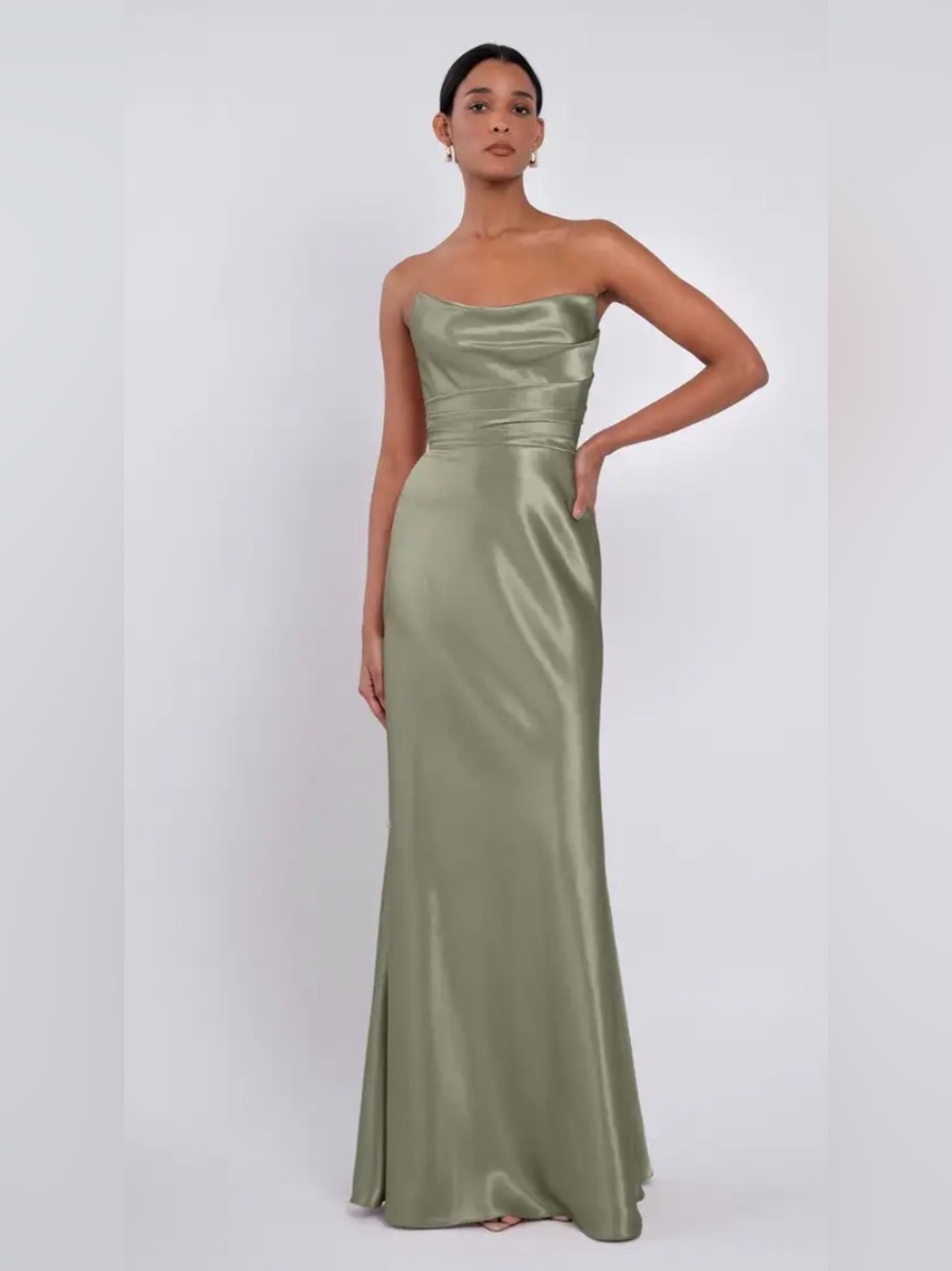 Jenny Yoo Strapless Sage Satin Corinne Maxi Gown